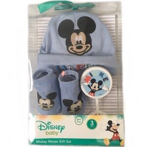 Disney Mickey Mouse Baby Beanie Hat Bootie Socks Rattle 3 Piece Gift Set Blue